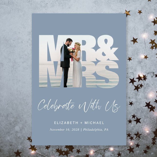 Convites Recepção de casamento Azul Dusty com Foto Chic (A chic wedding reception invitation to set the tone for an unforgettable event)