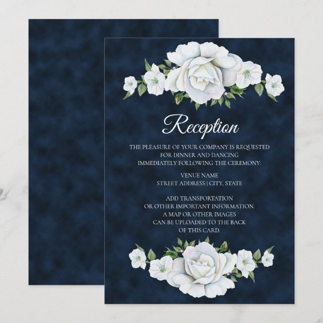 Convites Recepção de Casamento Azul Marinho com Floral Bran (Frente/Verso)