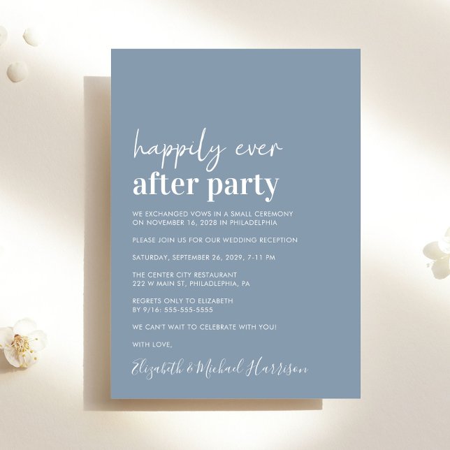 Convites Recepção de casamento azul mínima moderna e empoei (An chic Happily Ever After Party invitation for your wedding celebration)