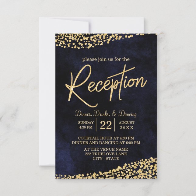 Convites Recepção de Casamento Azul Naval com Aquarela e Do (Frente)