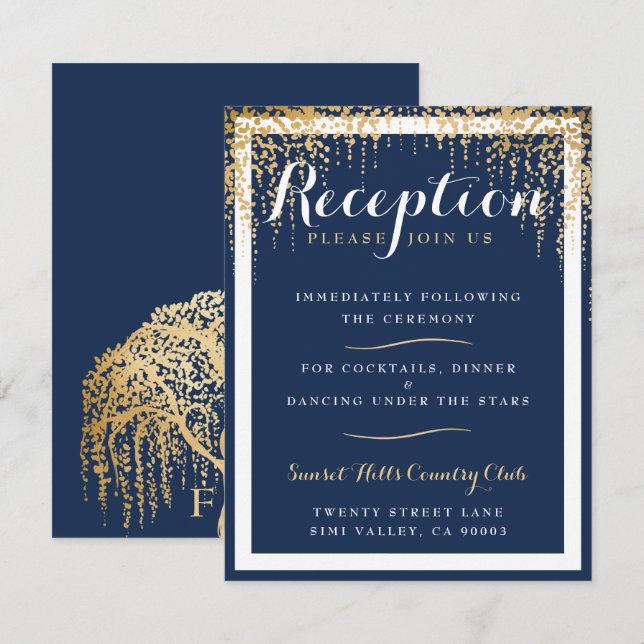 Convites Recepção de Casamento Blue Gold da Árvore de Salgu (Frente/Verso)