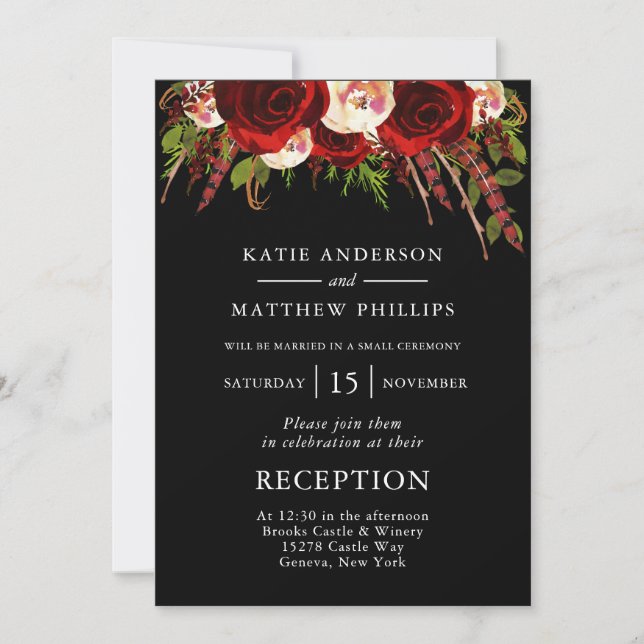 Convites Recepção de Casamento Boho Floral Vermelho Preto (Frente)