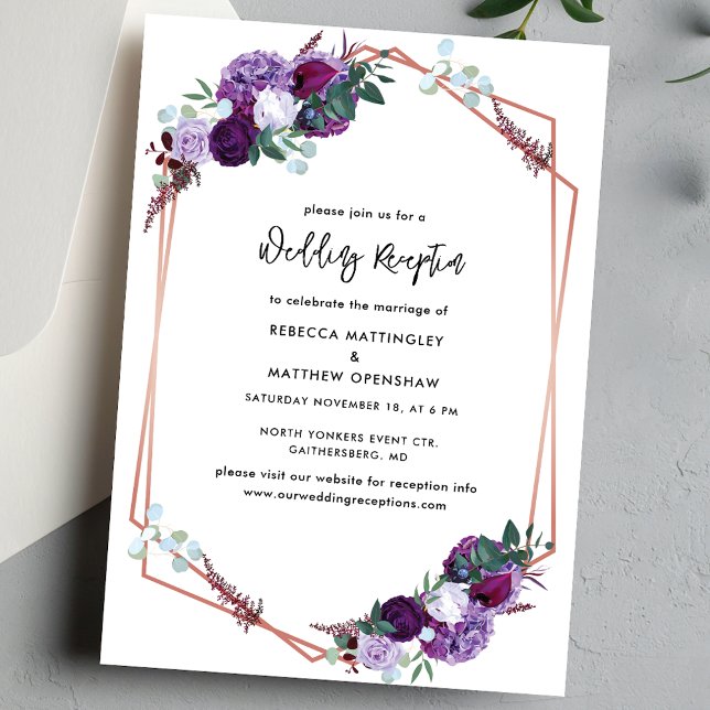 Convites Recepção de casamento Botânica Púrpura Floral (Purple Floral Geometric Script Wedding Reception Enclosure Card)