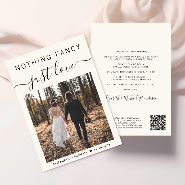 Convites Recepção de casamento casual de código QR de foto  (Elegant all-in-one wedding invite featuring your photo + a QR code linked to your wedding website)
