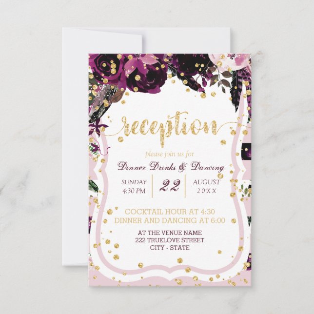 Convites Recepção de Casamento Chic Floral Roxo Dourado Con (Frente)