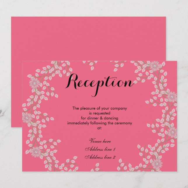 Convites Recepção de Casamento Chic Pink Floral & Pérolas (Frente/Verso)