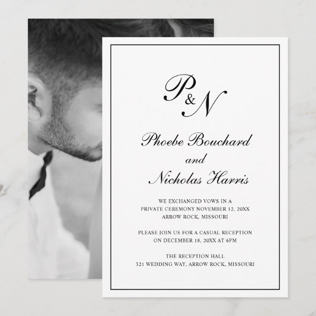 Convites Recepção de Casamento Clássica em Preto e Branco (Frente/Verso)