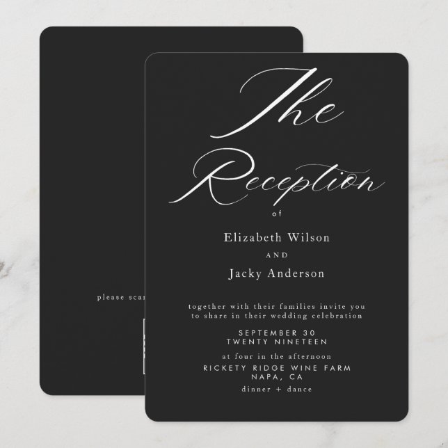Convites Recepção de casamento clássico e elegante preto e  (Frente/Verso)