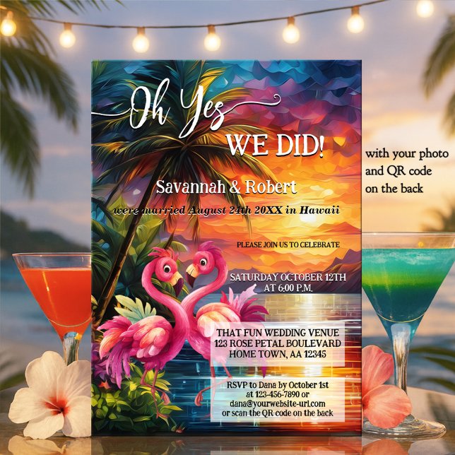 Convites Recepção de Casamento Colorida Foto de Flamingo Tr (Elopement wedding reception invitation featuring a fun tropical sunset scene with two flamingos)