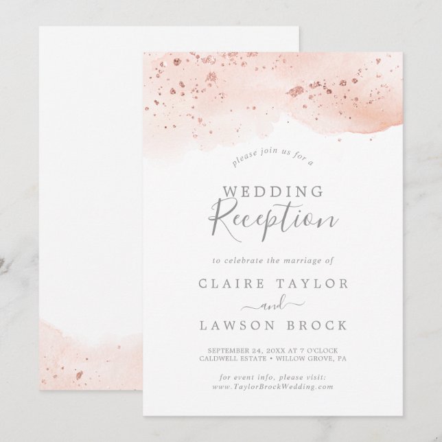 Convites Recepção de Casamento com Aquarela em Rose Gold (Frente/Verso)
