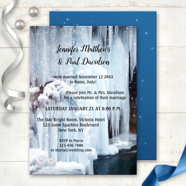 Convites Recepção de Casamento com Brilho de Gelo de Invern (After wedding invitation featuring a frozen waterfall with sparkly snowflake lights and candles)