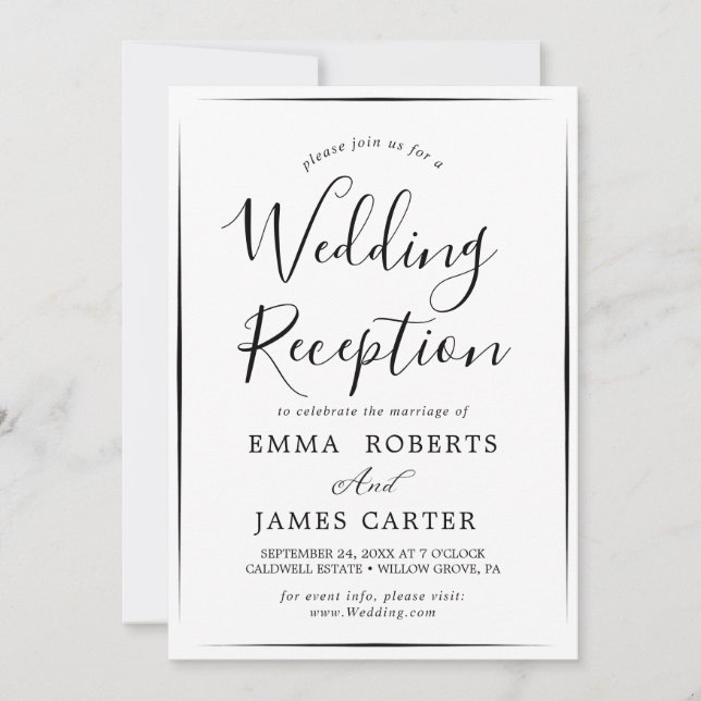 Convites Recepção de Casamento com Caligrafia Preta Delicad (Frente)