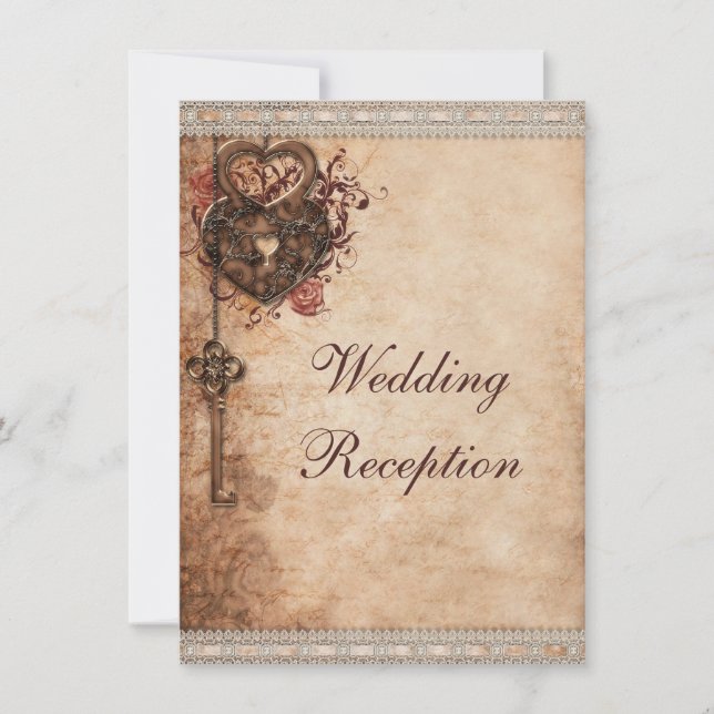 Convites Recepção de Casamento com Corações Antigos e Fecha (Frente)