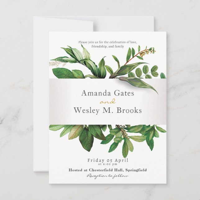 Convites Recepção de Casamento com Elegante Flora e Verdor (Frente)