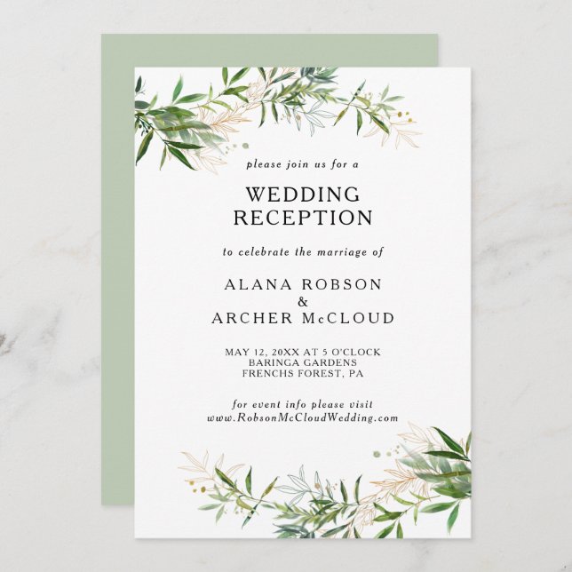 Convites Recepção de Casamento com Elegante Folhagem de Oli (Frente/Verso)