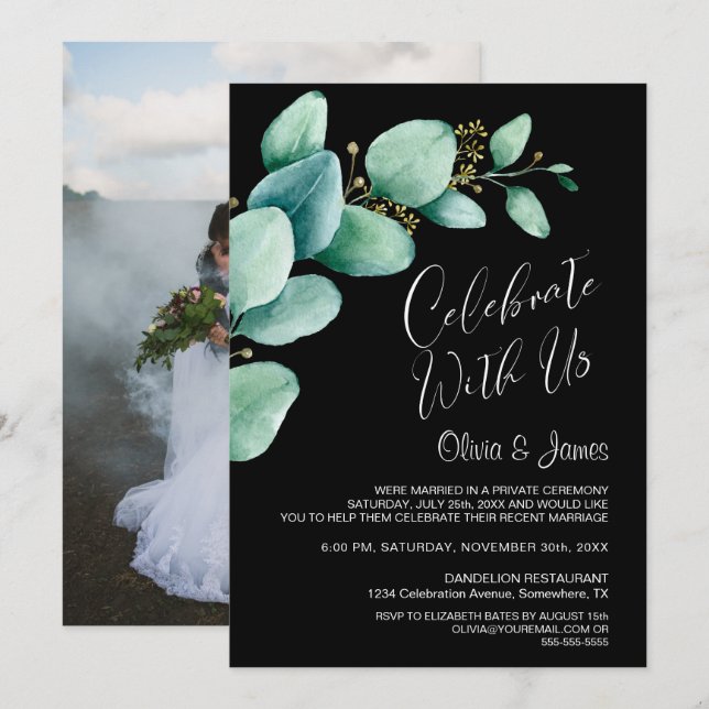 Convites Recepção de Casamento com Eucalipto Preto (Frente/Verso)