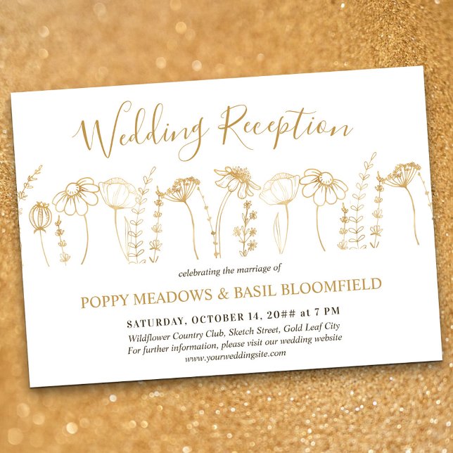 Convites Recepção de Casamento com Flor Silvestre Desenho F (Wedding Reception only invitation in White & Gold, from my Wildflower Sketch collection)