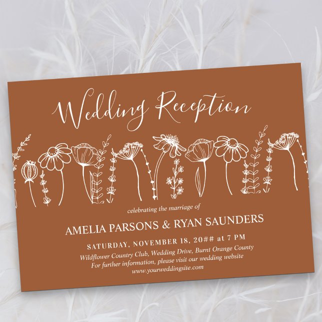 Convites Recepção de Casamento com Flor Silvestre Laranja Q (Wedding Reception Invitation in Terracotta Burnt Orange, from my Wildflower Sketch collection)