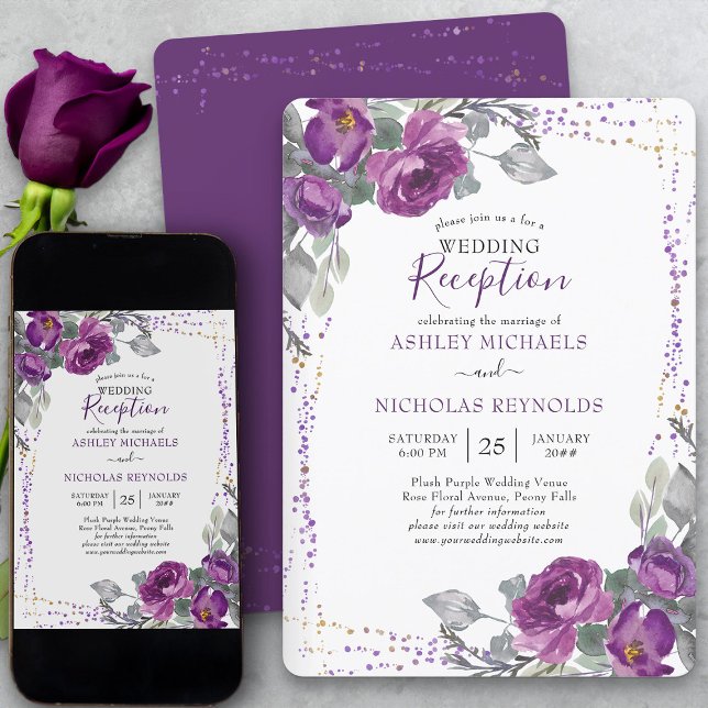 Convites Recepção de Casamento com Florais Roxos e Confetes (Elegant purple floral wedding reception only invitation from my Plush Purple Wedding Collection)