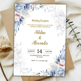 Convites Recepção de casamento com flores azuis e douradas