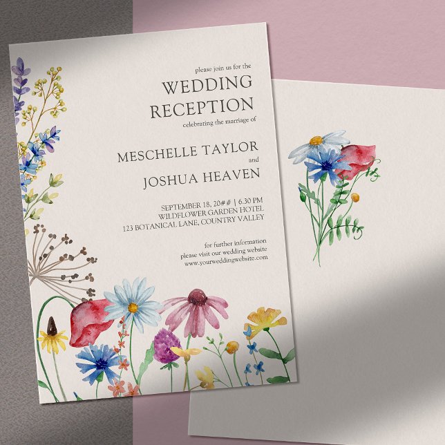 Convites Recepção de Casamento com Flores Silvestres Apenas (Reception only wedding invitation with natural border of watercolor wildflowers)