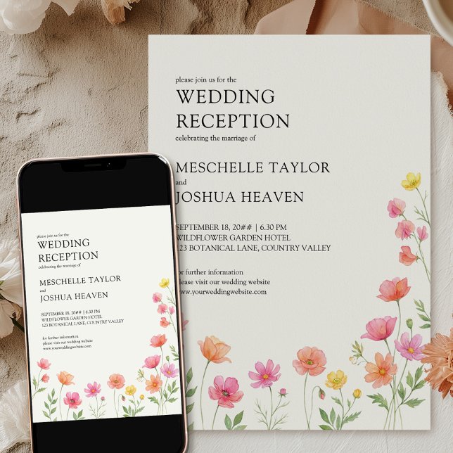 Convites Recepção de Casamento com Flores Silvestres Rosa L (Wedding Reception Invitation available professionally printed or as a printable digital download)