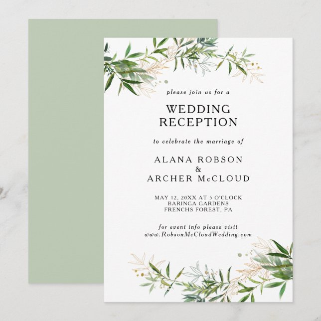 Convites Recepção de Casamento com Folhagem de Oliva Elegan (Frente/Verso)