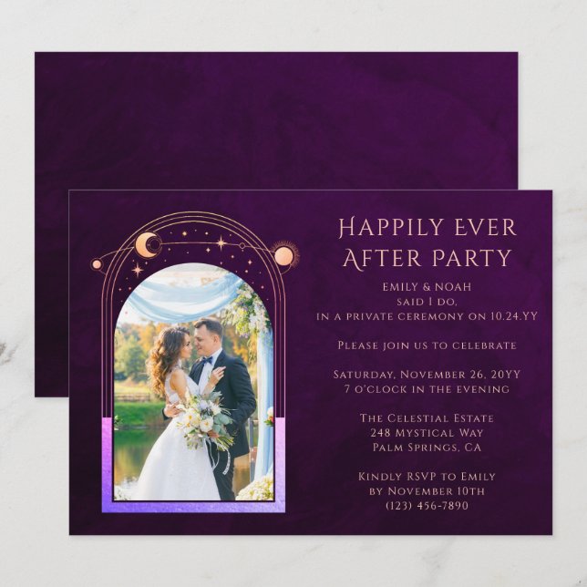 Convites Recepção de Casamento com Foto Celestial em Dourad (Frente/Verso)