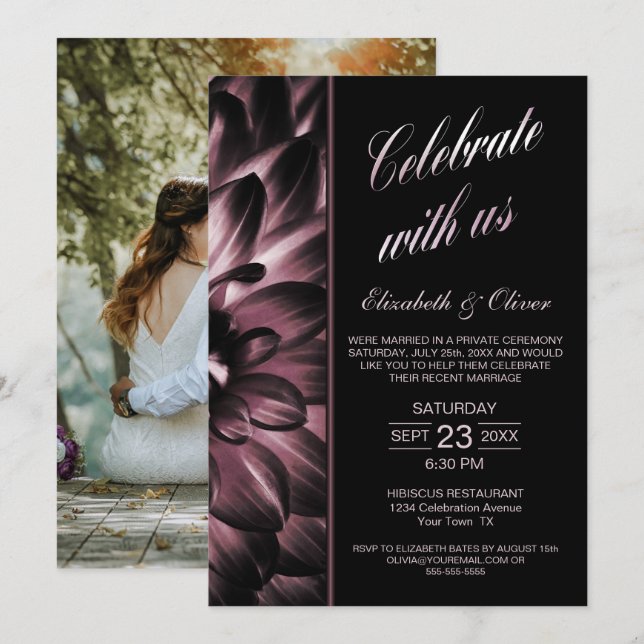 Convites Recepção de Casamento com Foto Floral Rosa Mal-hum (Frente/Verso)