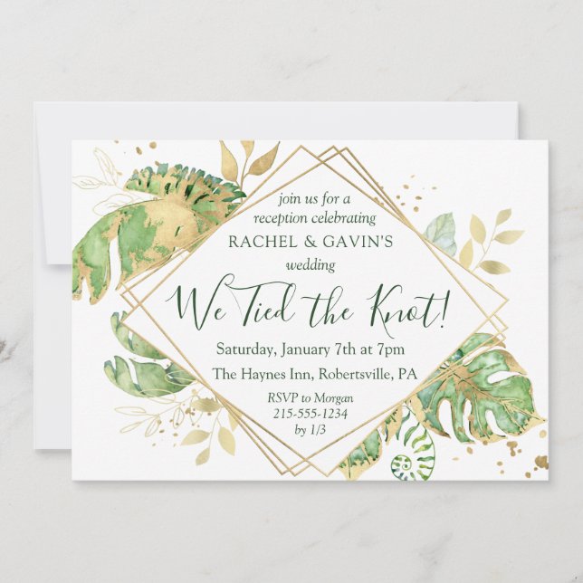 Convites Recepção de Casamento com Fuga Romântica Tropical  (Frente)