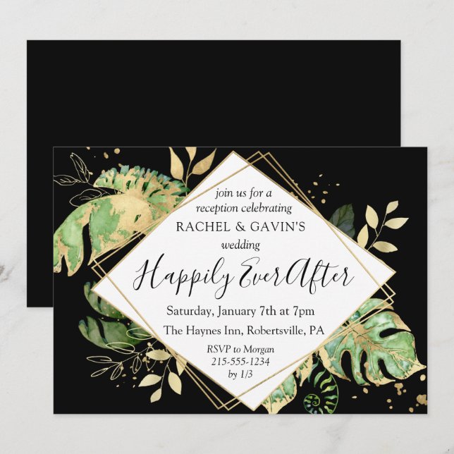 Convites Recepção de Casamento com Fuga Tropical Preto e Do (Frente/Verso)