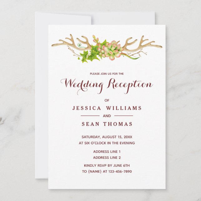Convites Recepção de casamento com galhadas rústicas e flor (Frente)