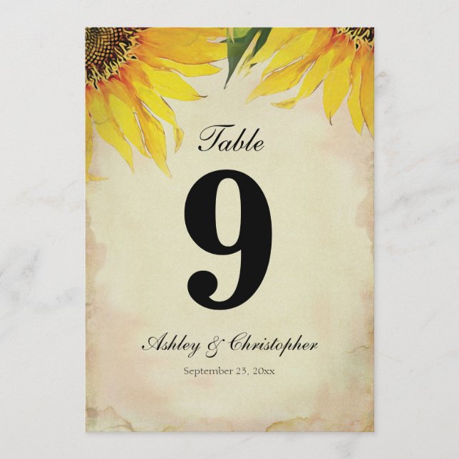 Convites Recepção de Casamento com Girassóis Mesa Número No (Frente)