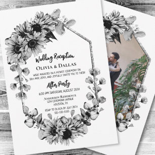 Convites Recepção de Casamento com Girassóis Preto e Branco