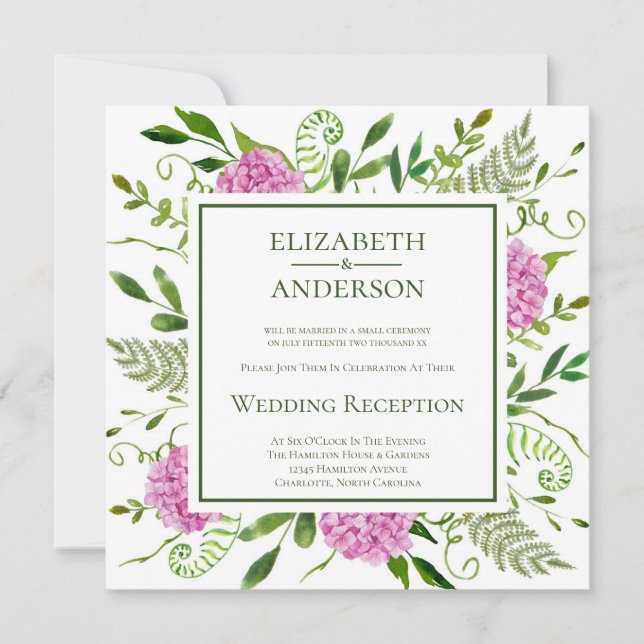Convites Recepção de Casamento com Hortênsias Rosa (Frente)