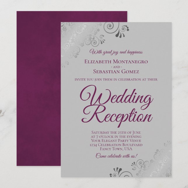 Convites Recepção de Casamento com Magenta sobre Cinza e En (Frente/Verso)