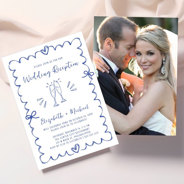 Convites Recepção de Casamento com Moldura Azul Caprichosa (Whimsical Blue Wavy Frame Photo Wedding Reception Invitation)
