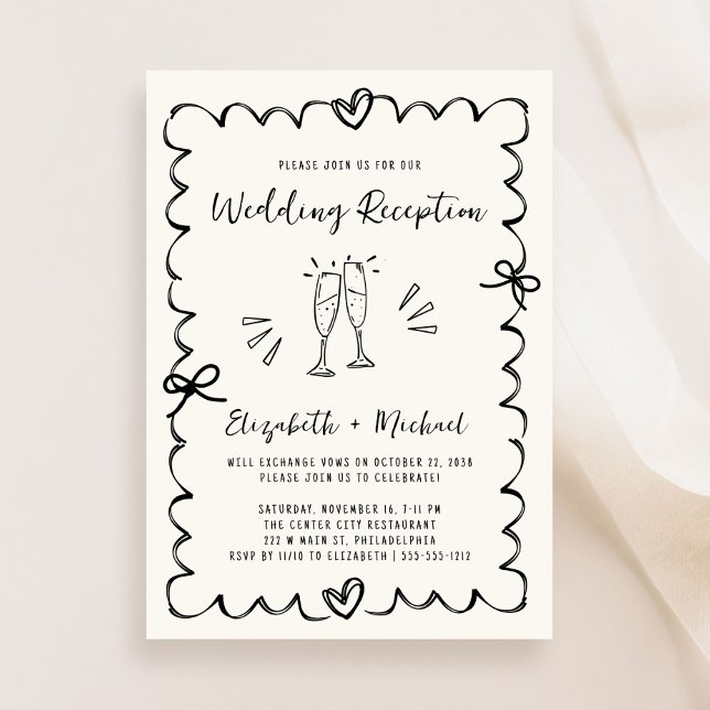 Convites Recepção de Casamento com Moldura Ondulada Desenha (Whimsical Hand Drawn Wavy Frame Wedding Reception Invitation)