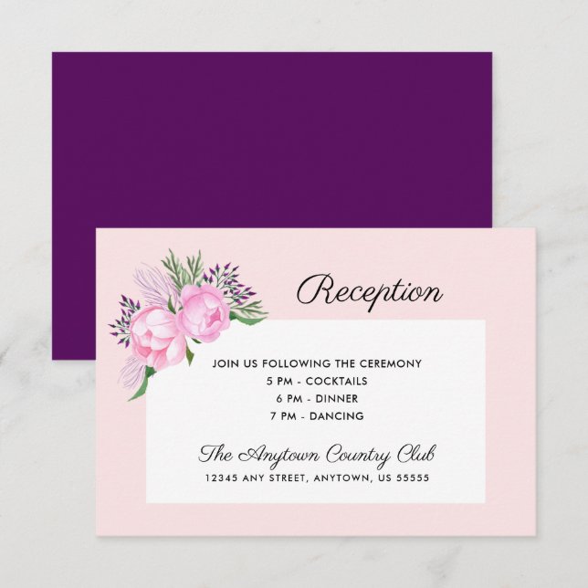 Convites Recepção de Casamento com Peônias Rosa em Aquarela (Frente/Verso)