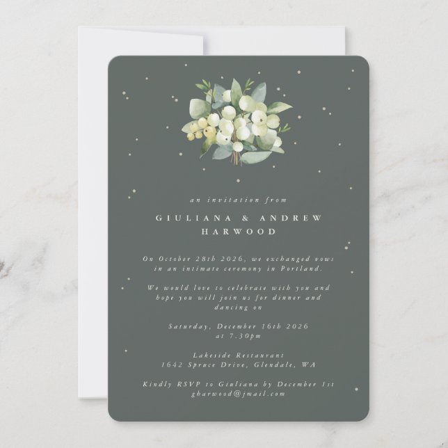 Convites Recepção de Casamento com Snowberry Verde + Eucali (Frente)