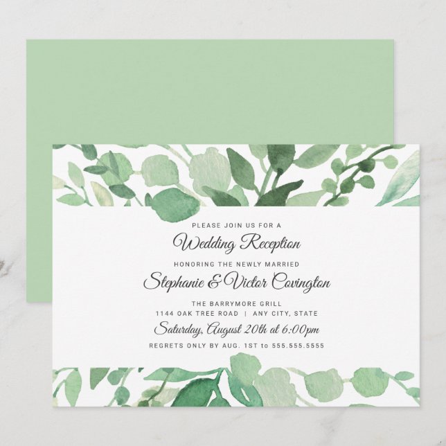 Convites Recepção de casamento com verde exuberante aquarel (Frente/Verso)