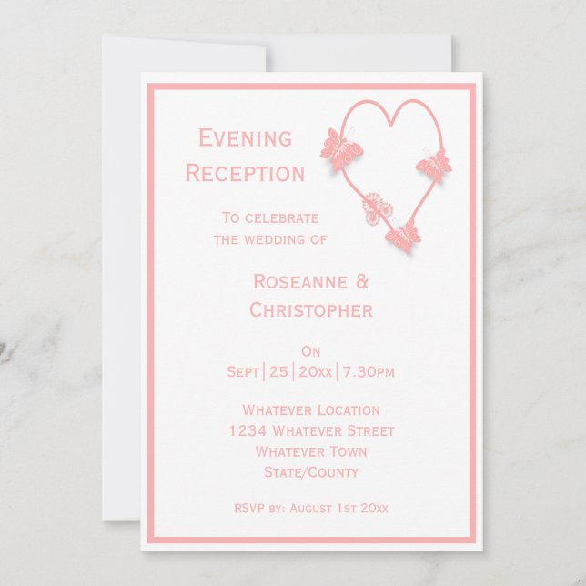 Convites Recepção de Casamento Coração Borboletas Rosa (Frente)