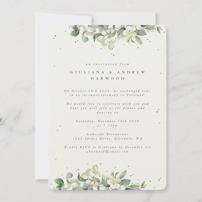 Convites Recepção de Casamento Creme Snowberry + Eucalipto (Frente)