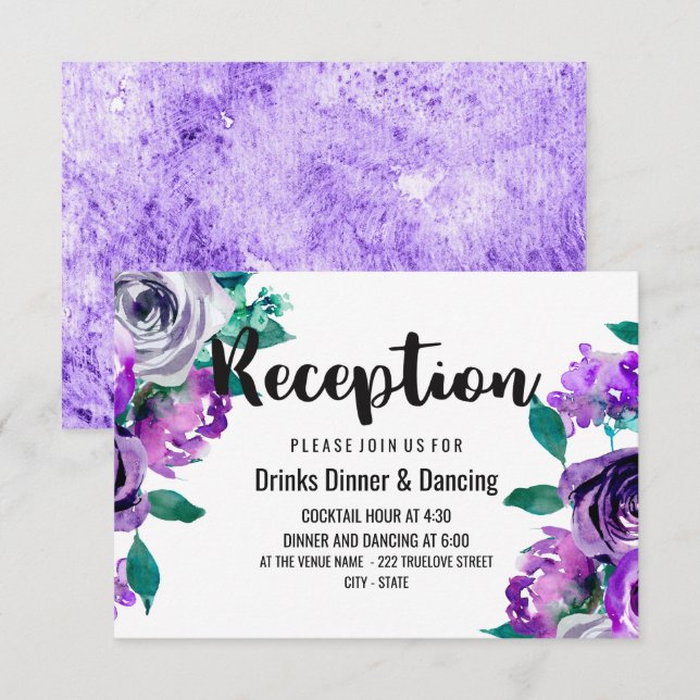 Convites Recepção de casamento de Aquarela Floral Mint & Pu (Frente/Verso)