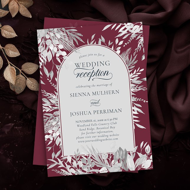 Convites Recepção de casamento de Borgonha de Arco com Quad (Wedding Reception invitation in Burgundy and Grey from the Foliage Duet Collection by Darling & May)