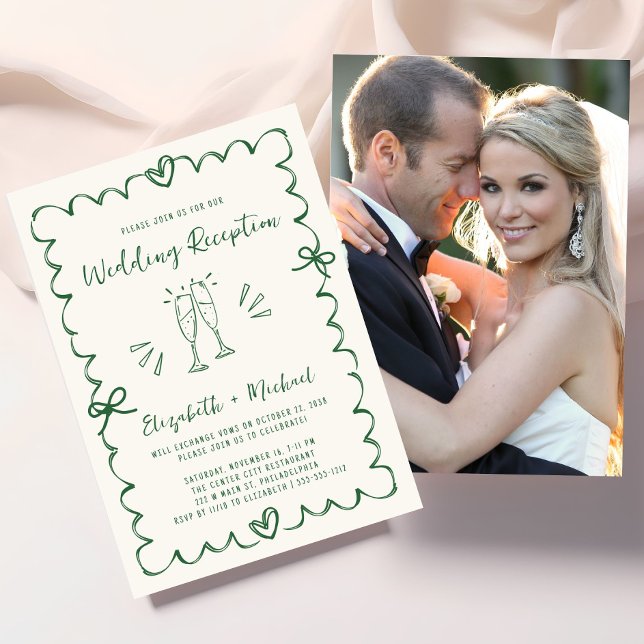 Convites Recepção de Casamento de Foto Verde Desenhada à Mã (Whimsical Hand Drawn Green Photo Wedding Reception Invitation)