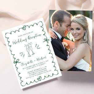 Convites Recepção de Casamento de Foto Verde Desenhada à Mã