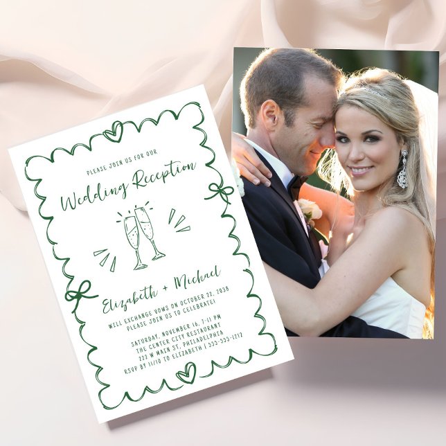 Convites Recepção de Casamento de Foto Verde Desenhada à Mã (Whimsical Hand Drawn Green Photo Wedding Reception Invitation)
