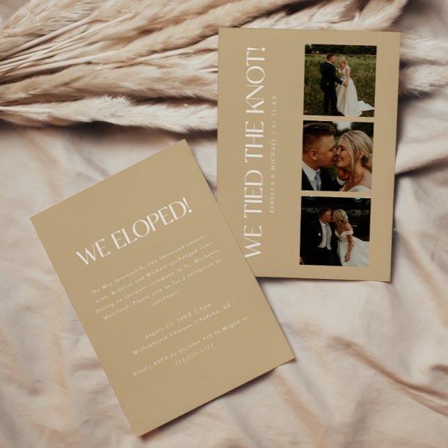 Convites Recepção de Casamento de Fuga com 3 Fotos em Bege  (Criador carregado)