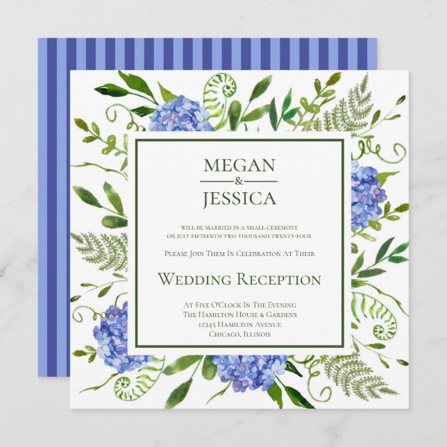 Convites Recepção de casamento de Hydrangeas Azul (Frente/Verso)